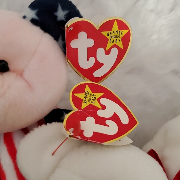 2 Ty Beanie Babies SPANGLE and VALENTINO Bears with tags Patriotic and Love - Picture 3 of 7